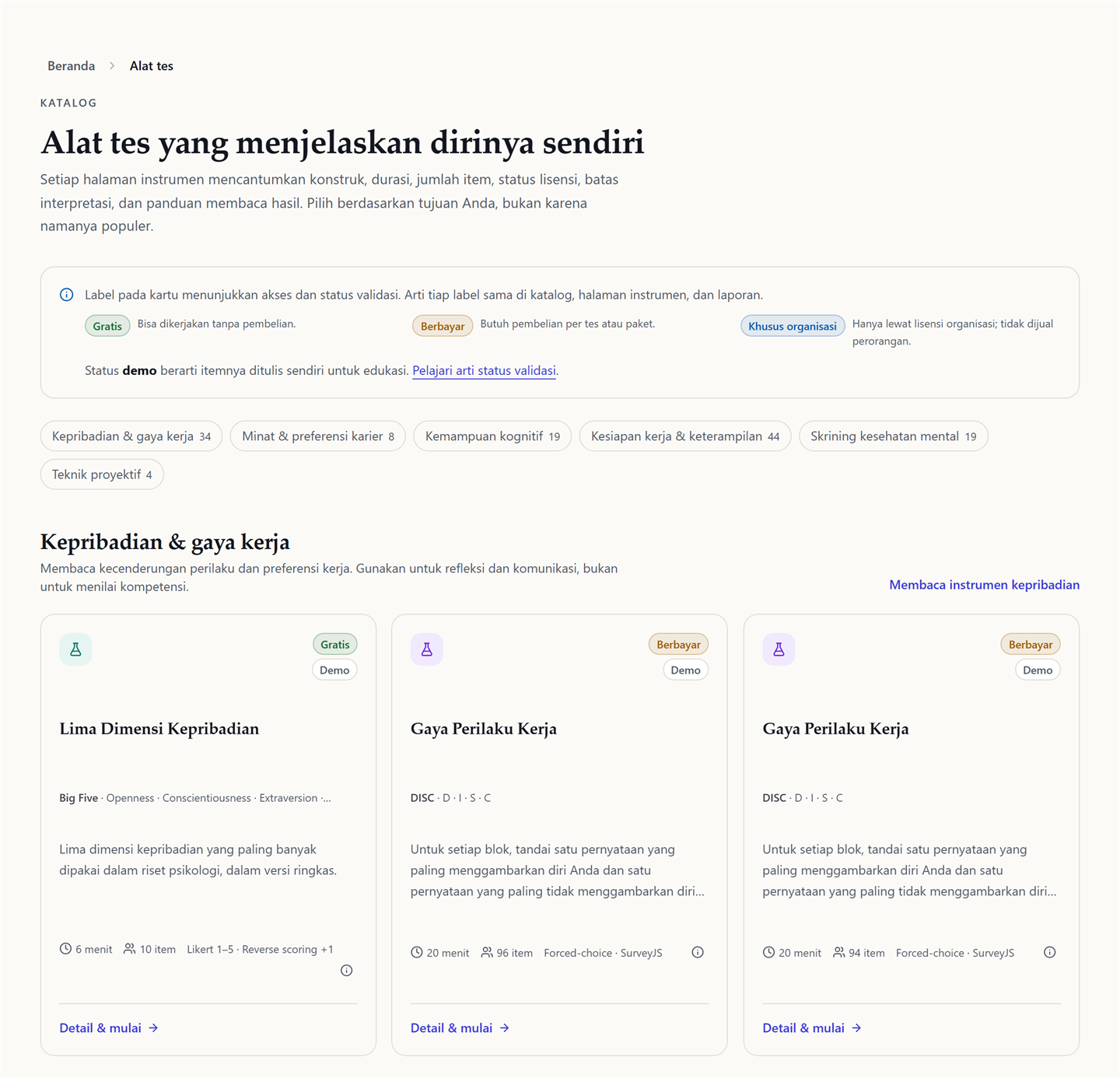 Kartu alat tes pada katalog dengan label Gratis, Berbayar, dan Demo, serta durasi dan jumlah item.